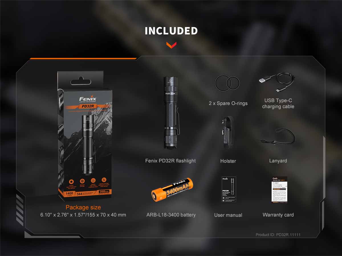 fenix pd32r rechargeable flashlight included package