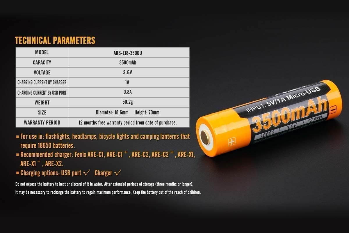 Fenix ARB-L18-3500U USB rechargeable battery specifications