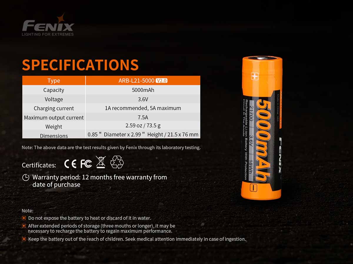  Fenix ARB-L21-5000 v2 rechargeable battery specifications