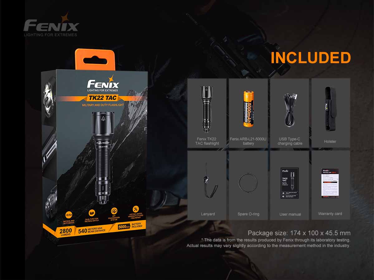 fenix tk22 tac tactical flashlight included package