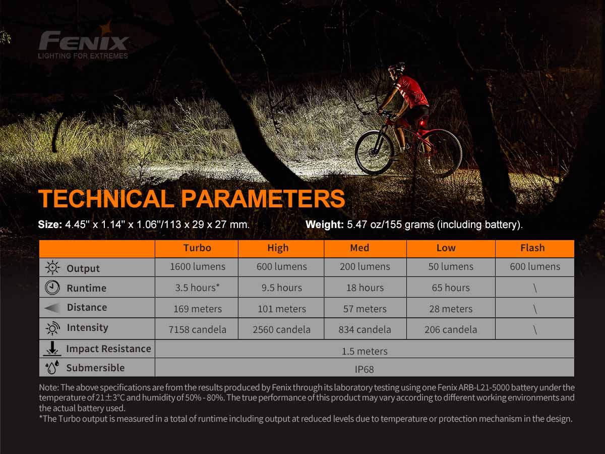 Specification chart for the Fenix BC26R rechargeable bike light