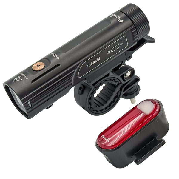 Bicycle light set with front and rear lights on a white background