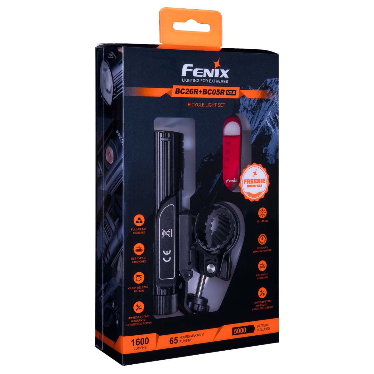 Fenix bicycle light set packaging on a white background