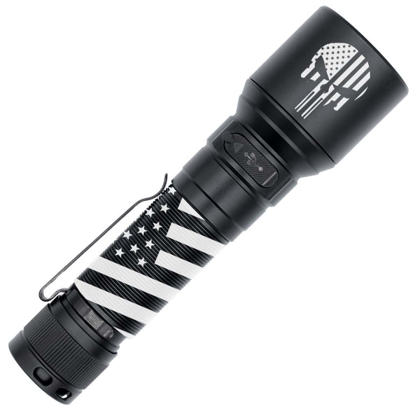 Fenix C7 flashlight with American flag engraving design on a white background