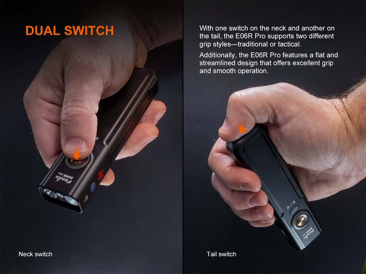 fenix E06R Pro Flat EDC Flashlight Dual Switches including neck and tail switch