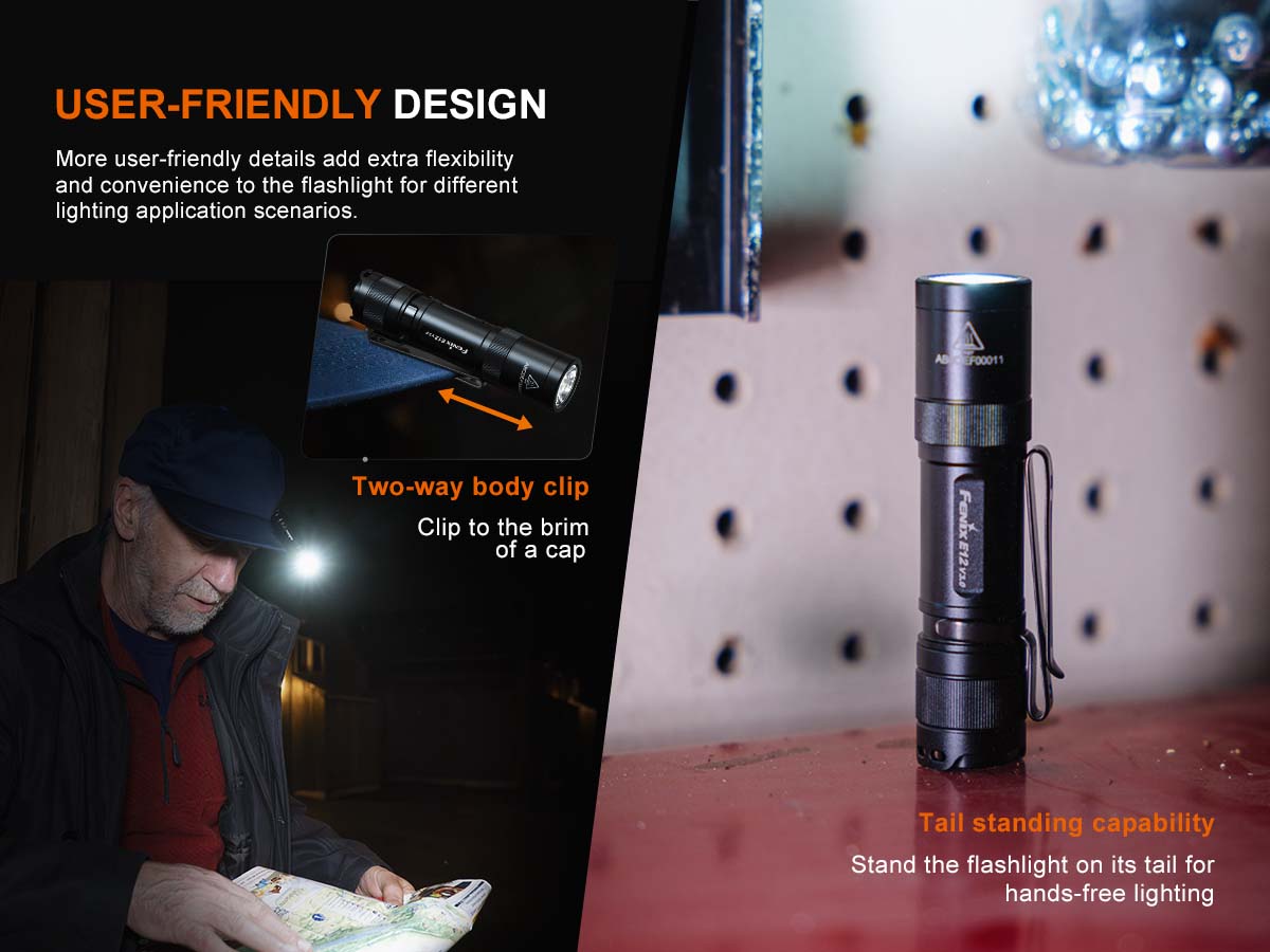 fenix e12 v3 aa flashlight body clip tail stand