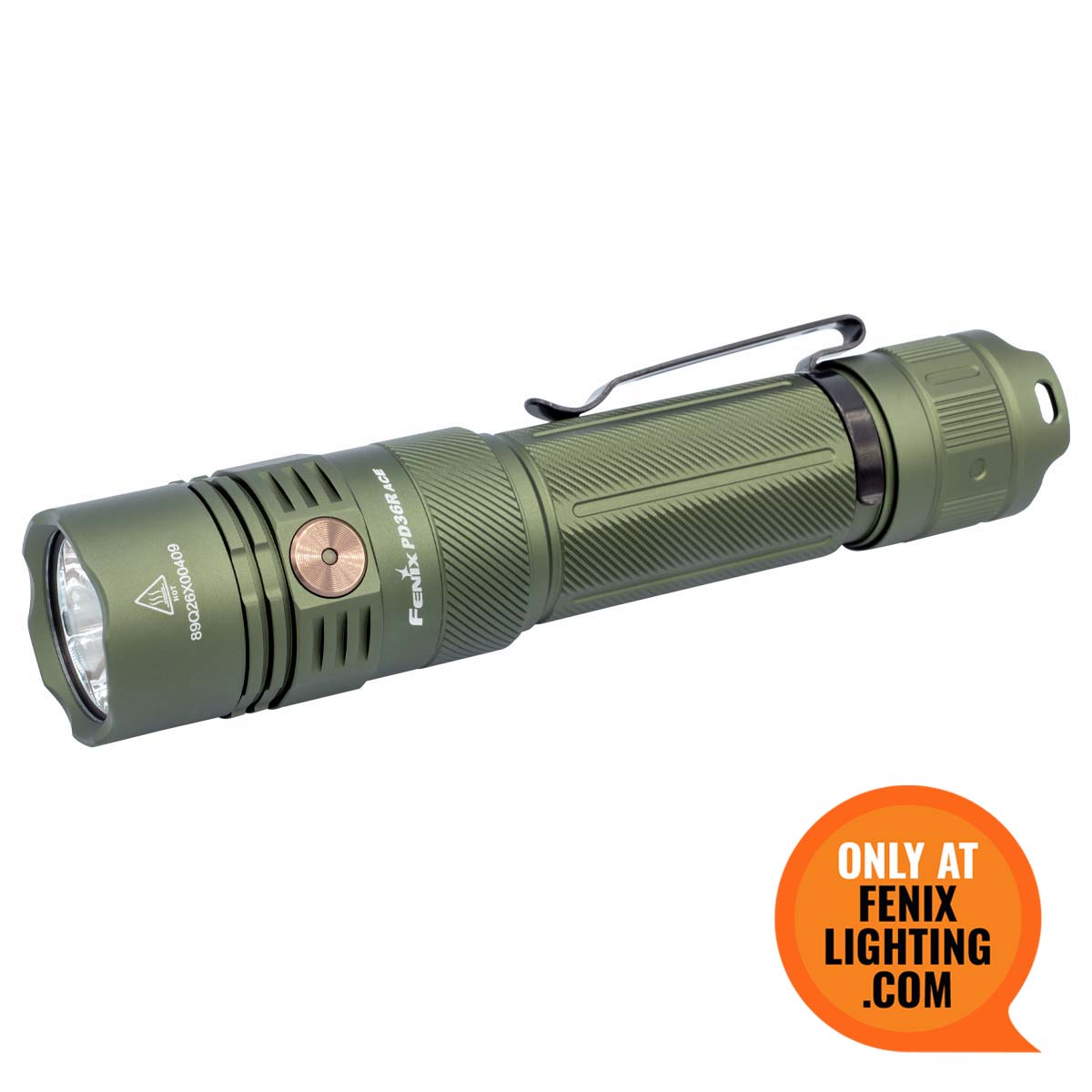 Green PD36R ACE flashlight with 'Only at Fenix Lighting.com' label on a white background