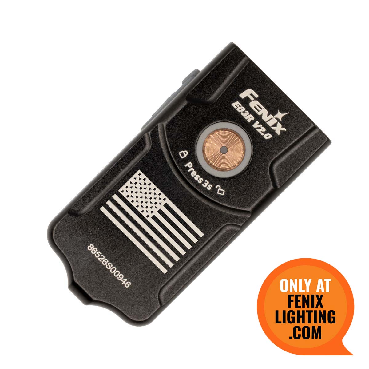 Fenix E03R V2.0 keychain flashlight with American flag design on a white background