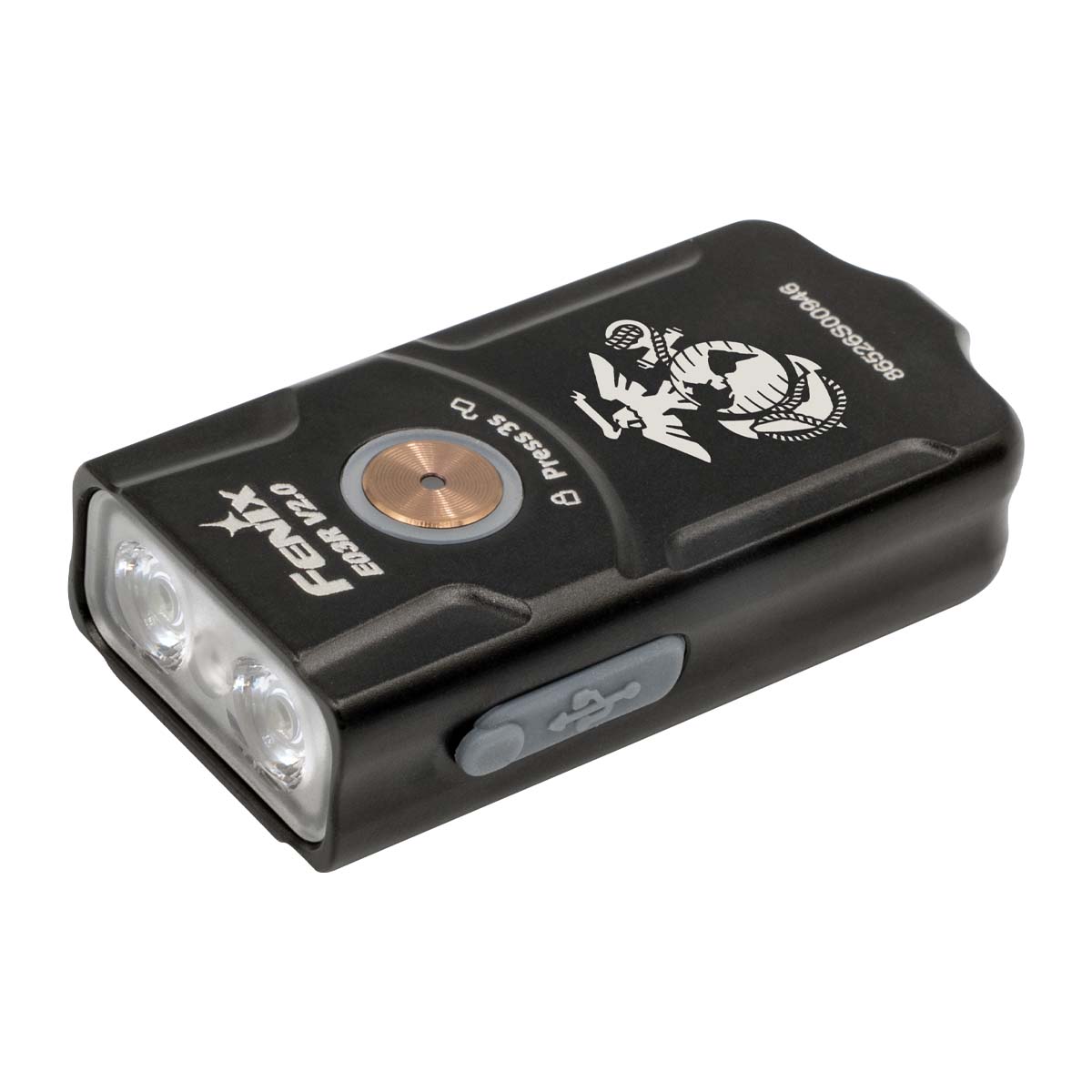 fenix e03r version 2 keychain flashlight  with US Marine logo on a white background