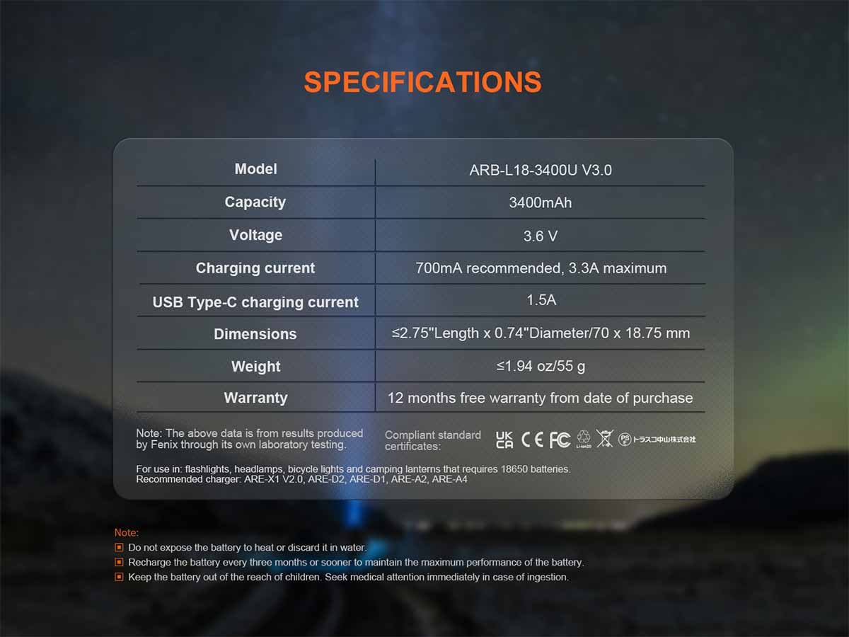 ARB-L18-3400U V3.0 Built-in USB Rechargeable Battery