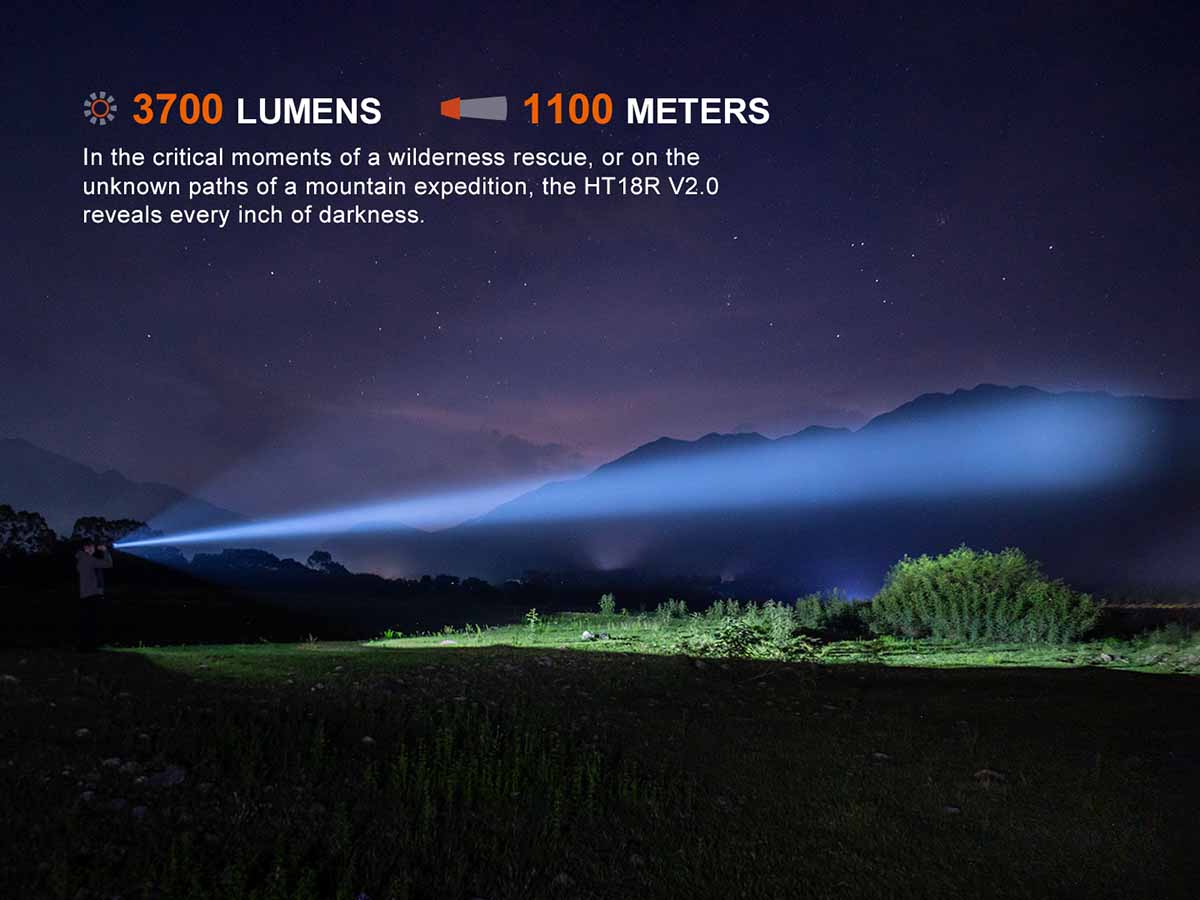 Fenix HT18R V2.0 Long Distance Flashlight  illuminating a mountainous landscape with text about 3700 lumens and 1100m range.