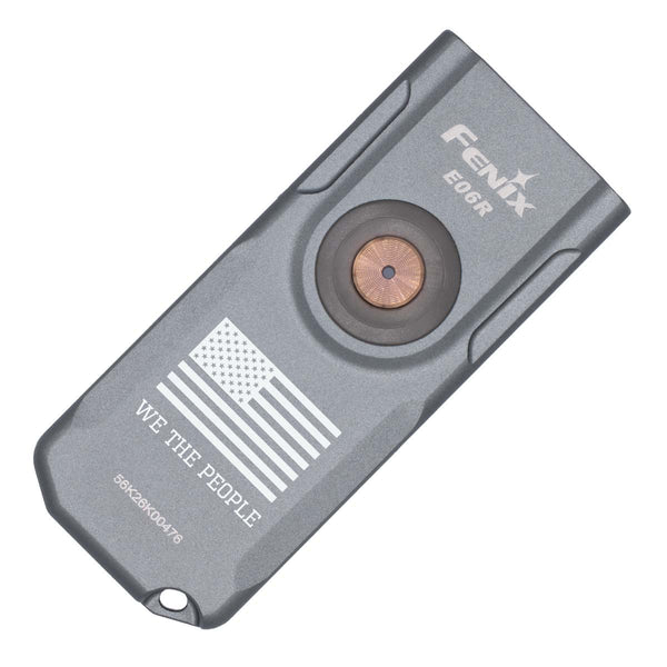 Fenix E06R flashlight with 'We the People' custom engraved design on a white background