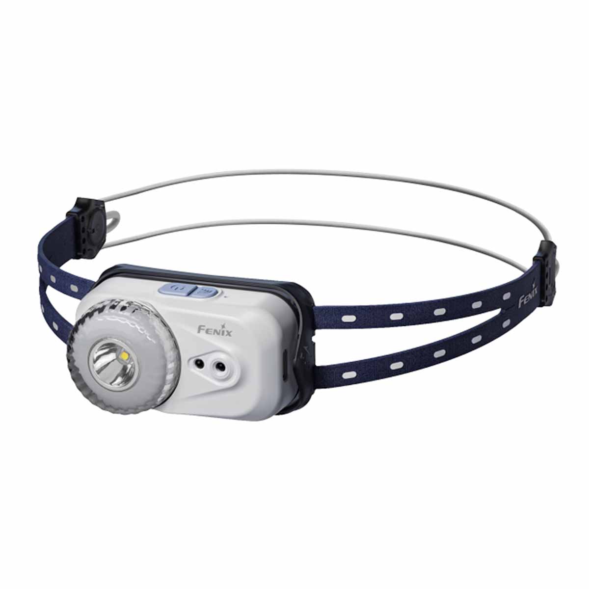 Fenix HL17R headlamp with blue strap on a white background