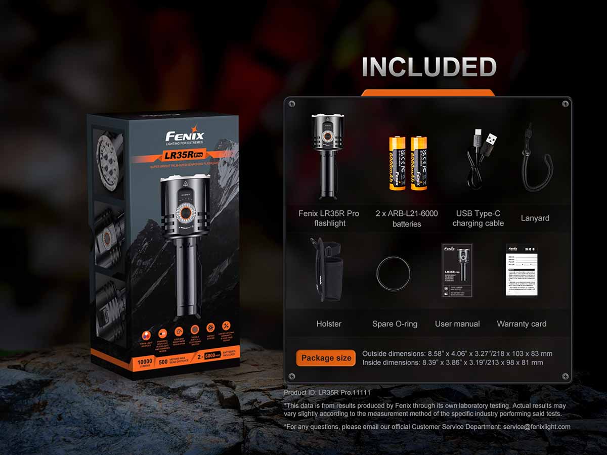 fenix lr35r pro 10000 lumen flashlight included package