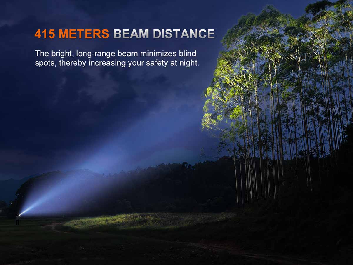 Spotlight beam illuminating trees at night with text about beam distance.