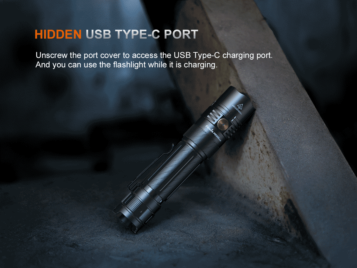 Hidden usb port recharge while using the flashlight