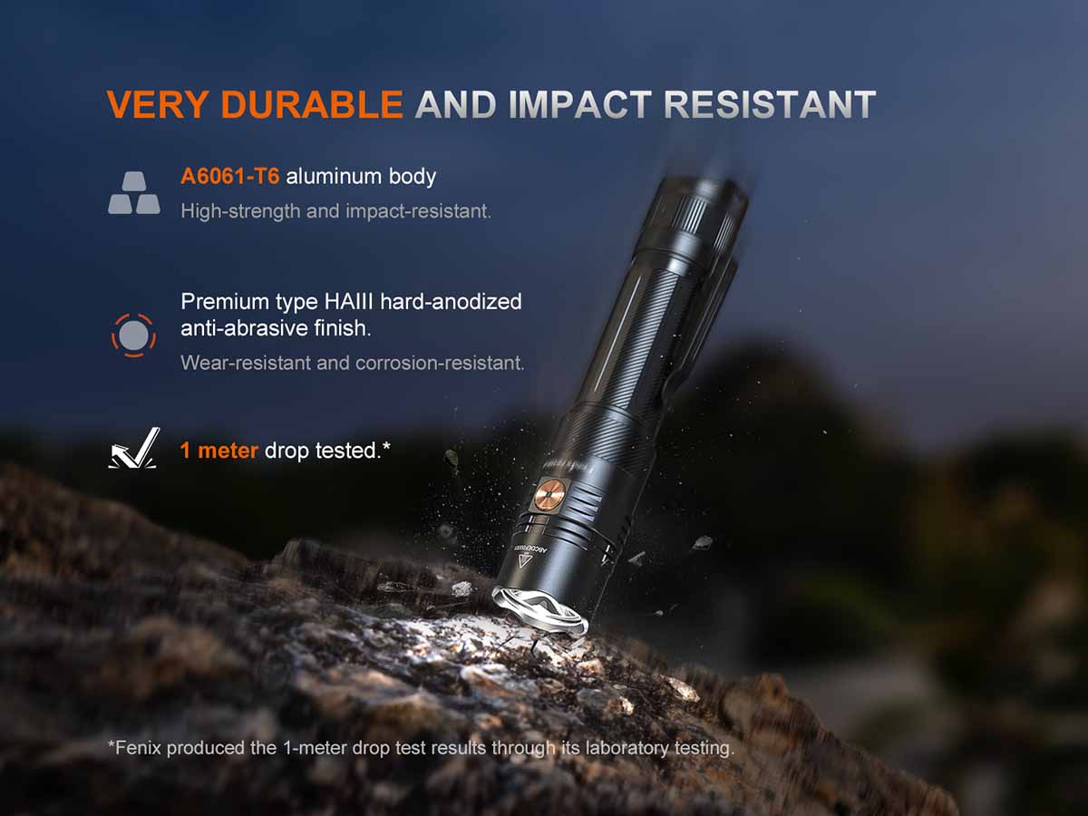 Fenix flashlight durability test on a dark background