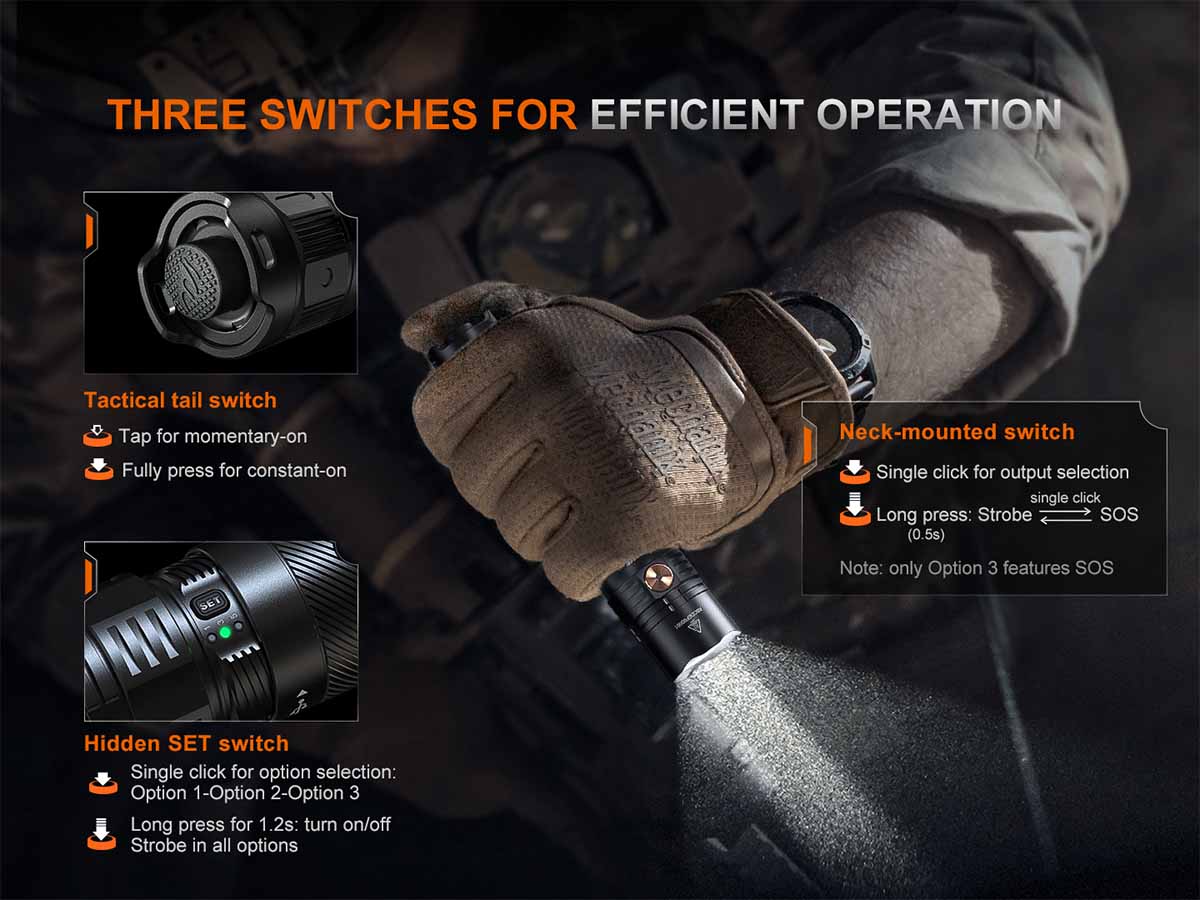 Glove holding a flashlight with fenix pd36r ace flashlight switch options displayed
