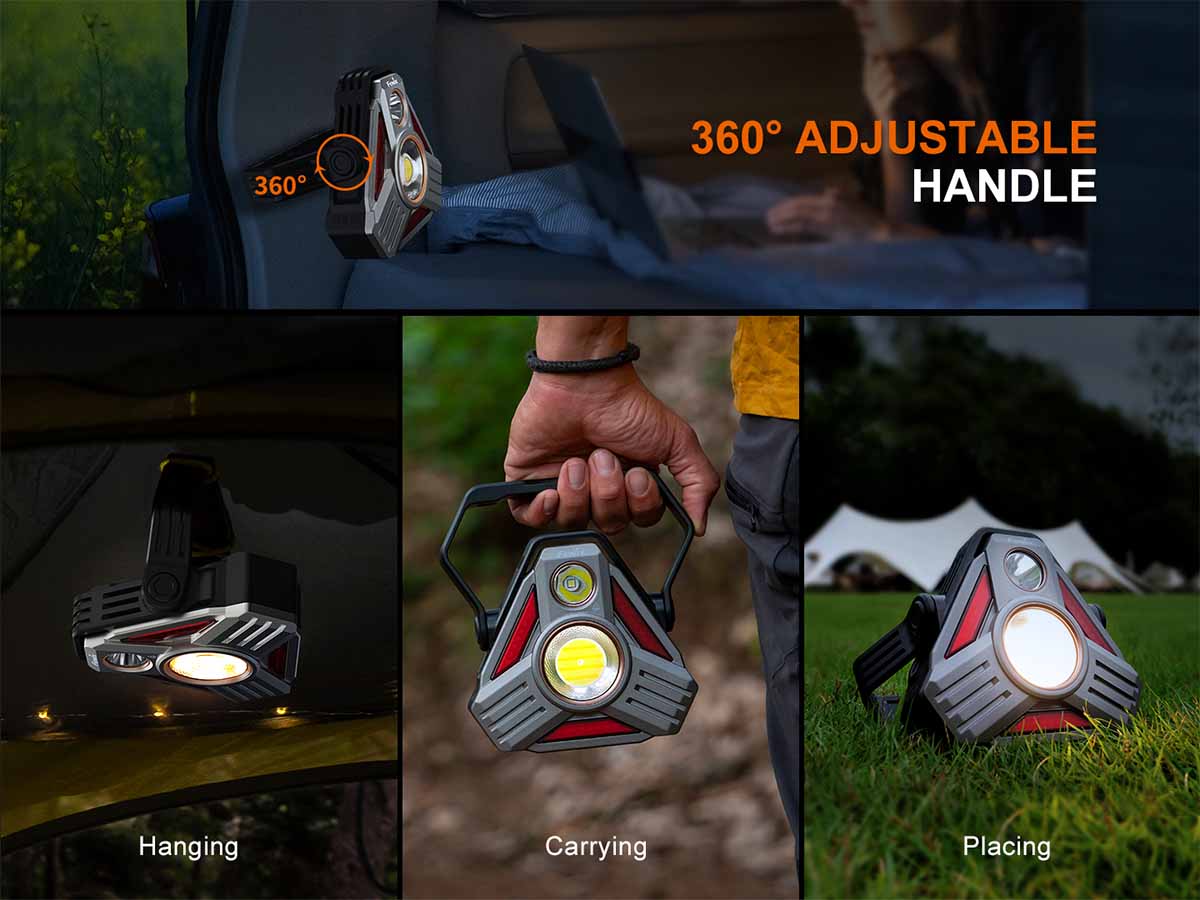 Fenix CP50R lantern with adjustable handle shown in various uses including hanging, carrying, and placing.