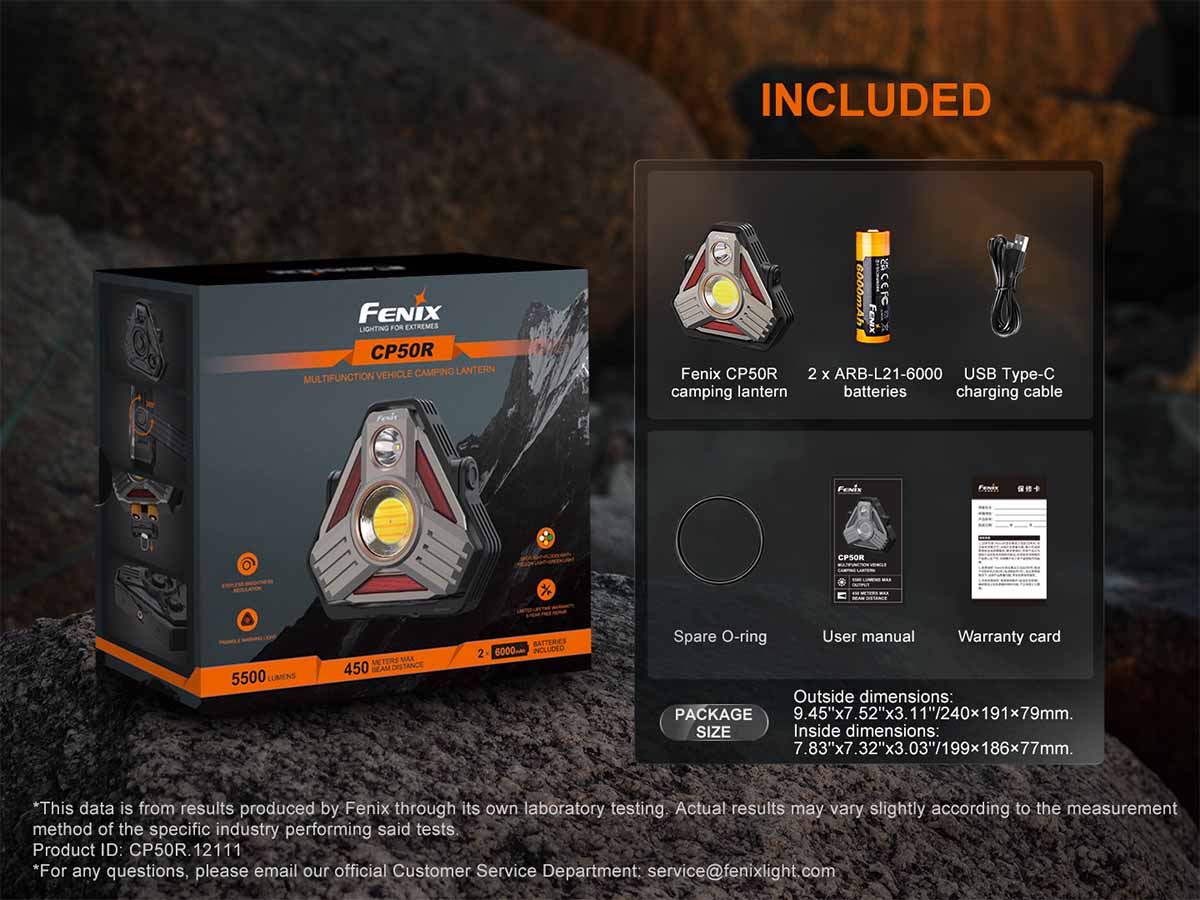 Fenix CP50R work lantern packaging with included items on a rocky background