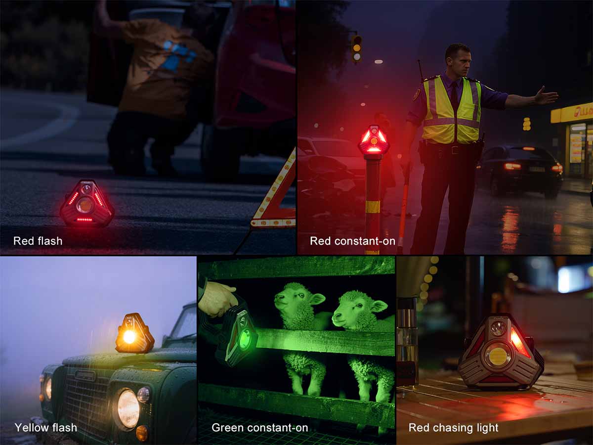 Collage showing the different types of warning modes for the Fenix CP50R lantern