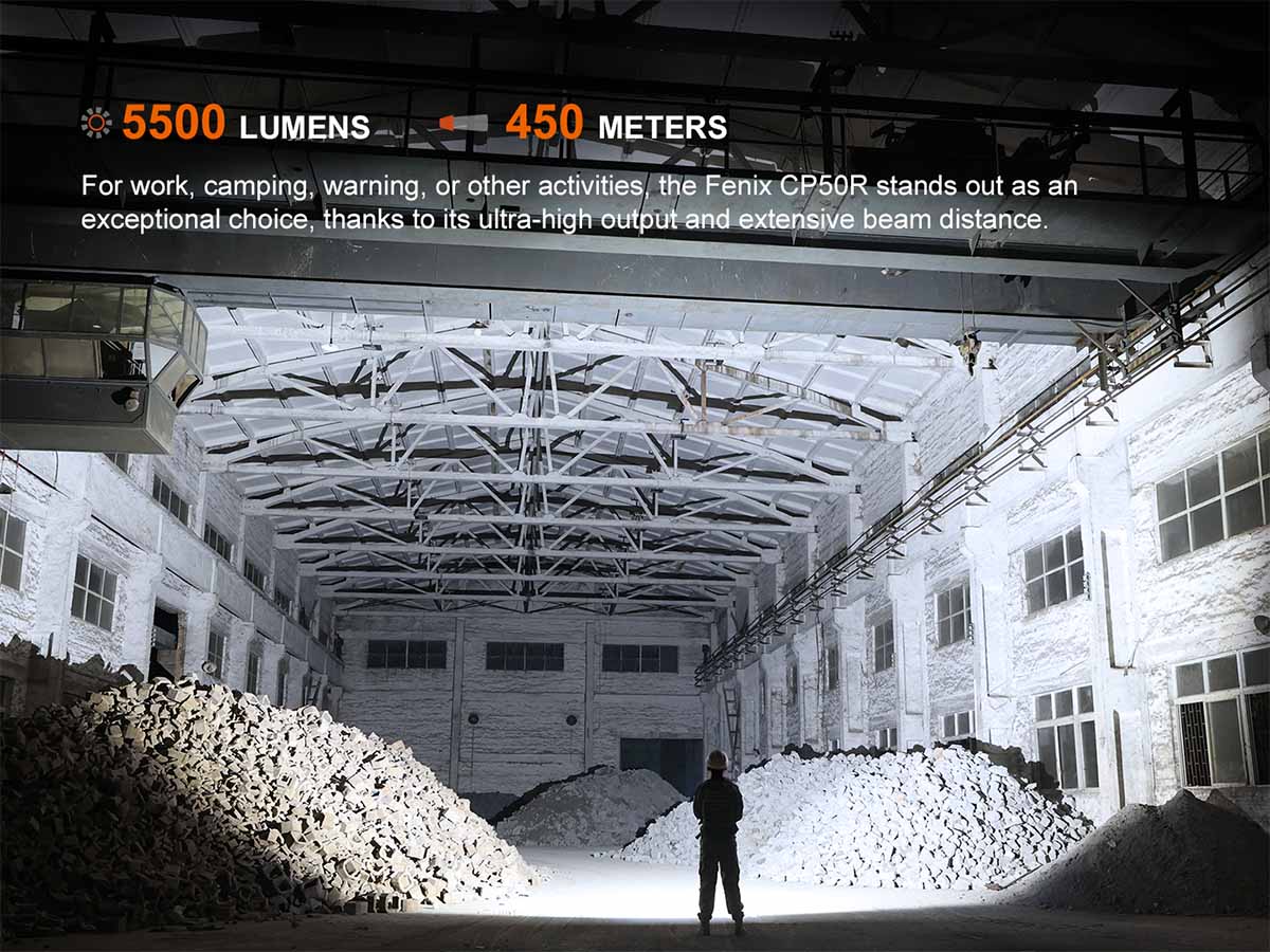 Person using a work lantern in a large industrial warehouse with text about the Fenix CP50R lantern's 5500 lumens.