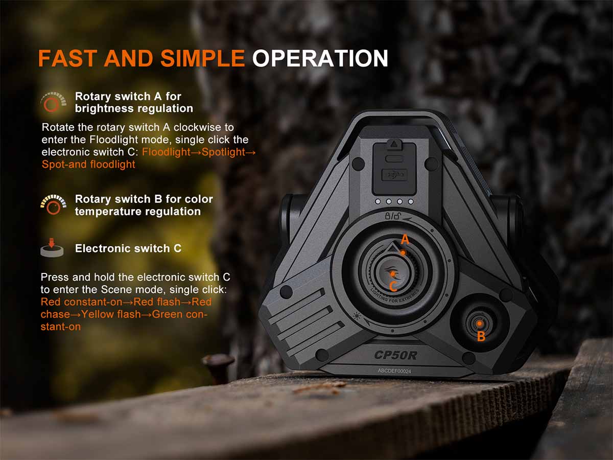 Fenix CP50R lantern rotary switches and electronic switch on a wooden surface, with text about its operation.