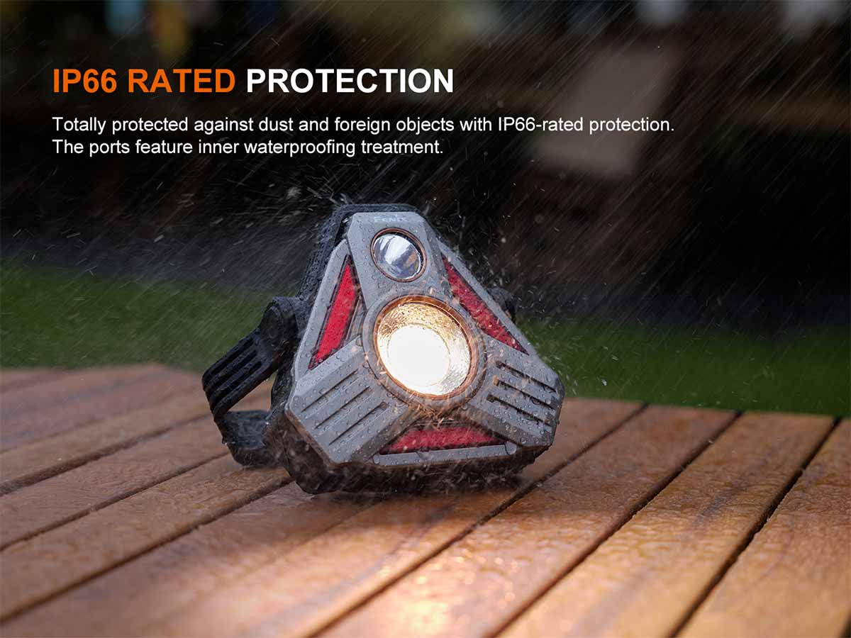 Fenix CP50R lantern with IP66 rating protection on a wooden surface with raindrops.