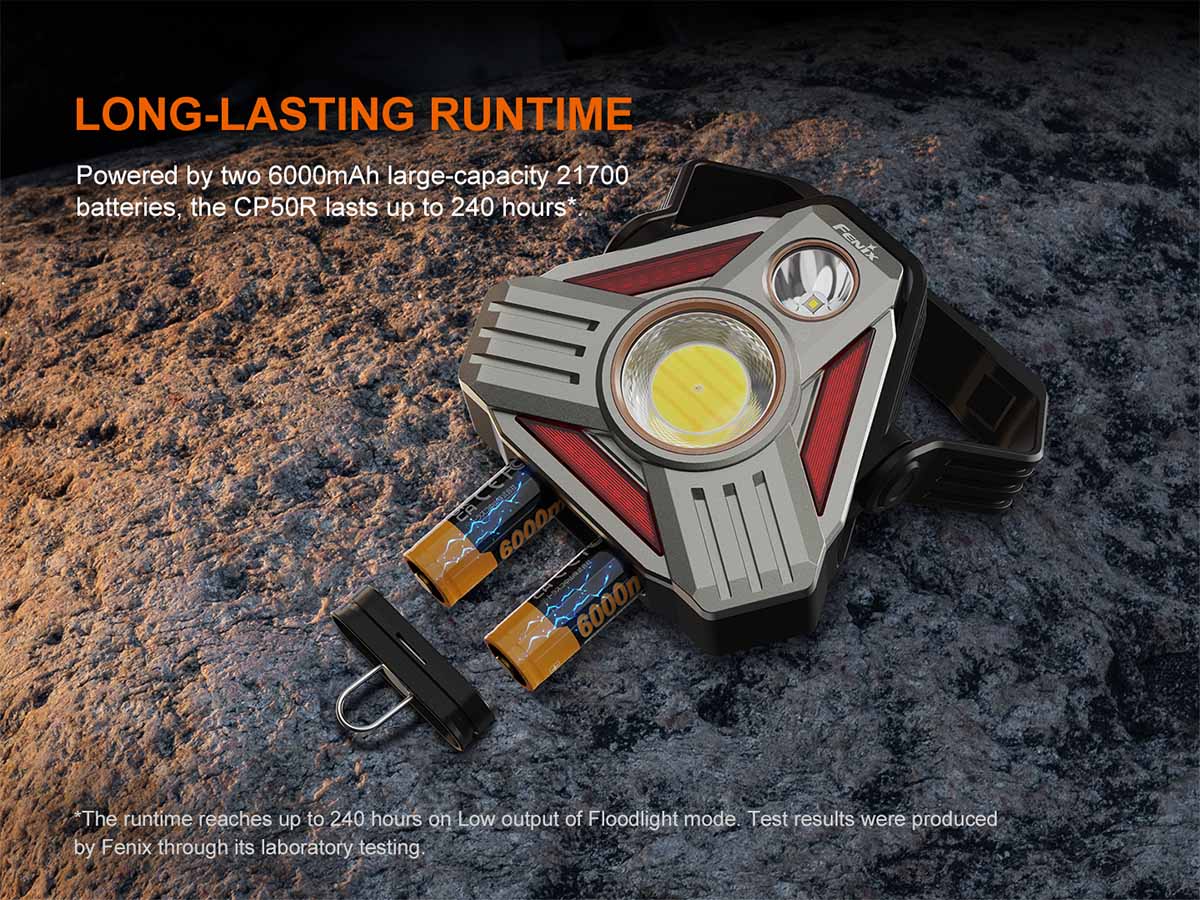 Fenix CP50R lantern with batteries on a rocky surface, highlighting long-lasting runtime.