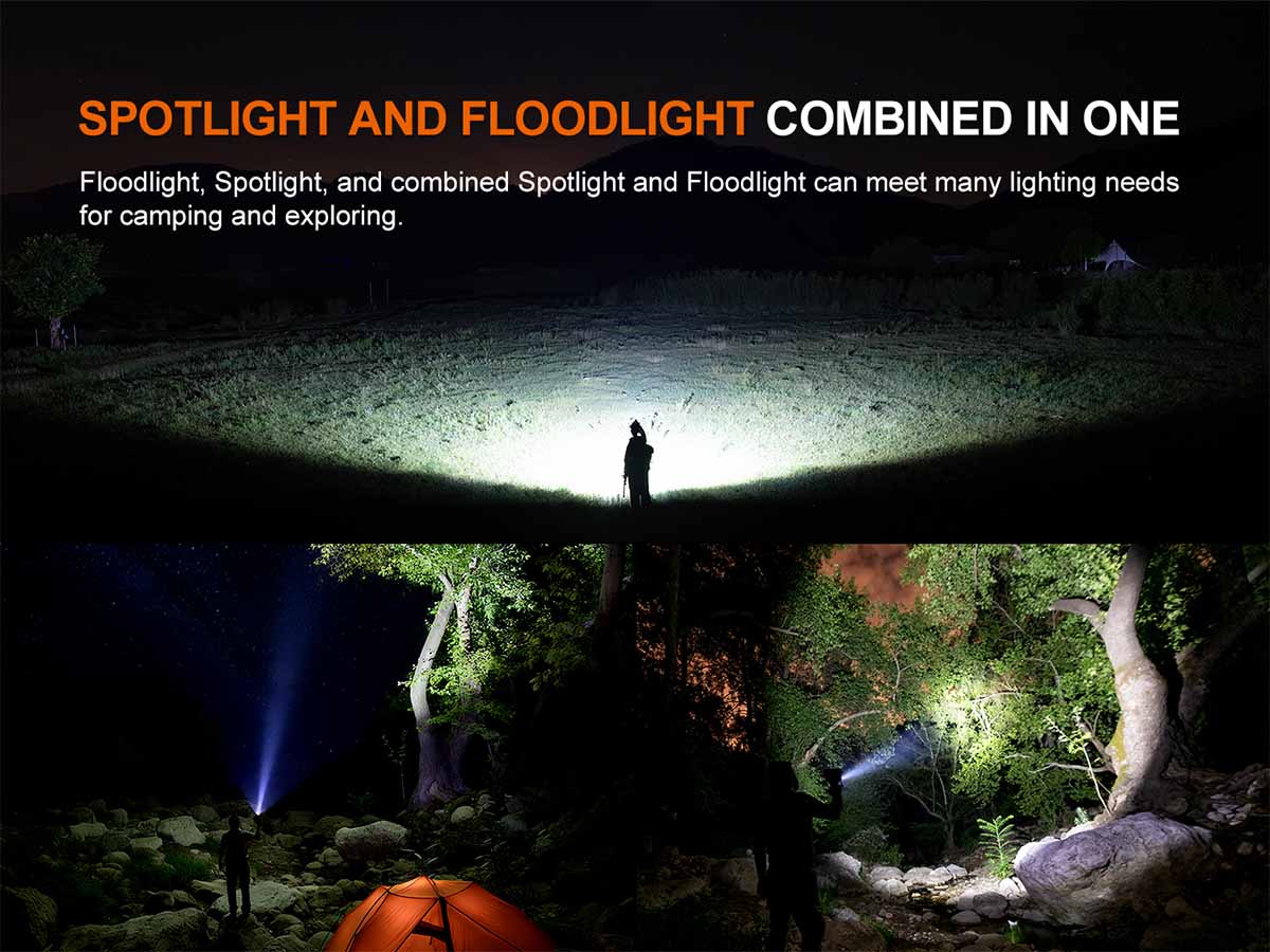 Person using the fenix CP50R lantern in a dark outdoor setting with text about spotlight and floodlight capabilities.