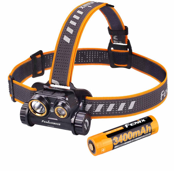 Fenix hm65r headlamp with extra free battery on a white background