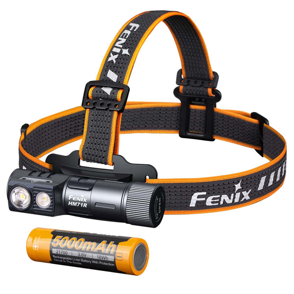 Fenix HM71R rechargeable headlamp with battery on a white background