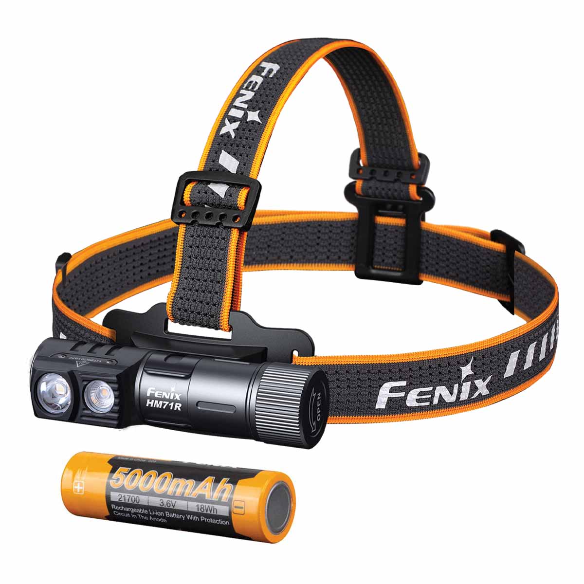Fenix HM71R rechargeable headlamp with battery on a white background