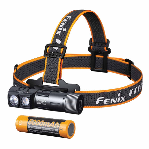 Fenix HM71R rechargeable headlamp with battery on a white background