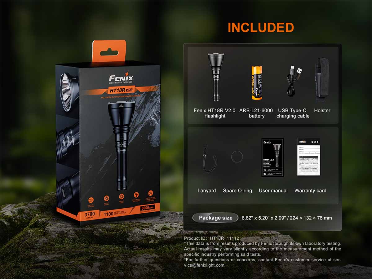 Fenix HT18R V2.0 Long Distance Flashlight package with included items