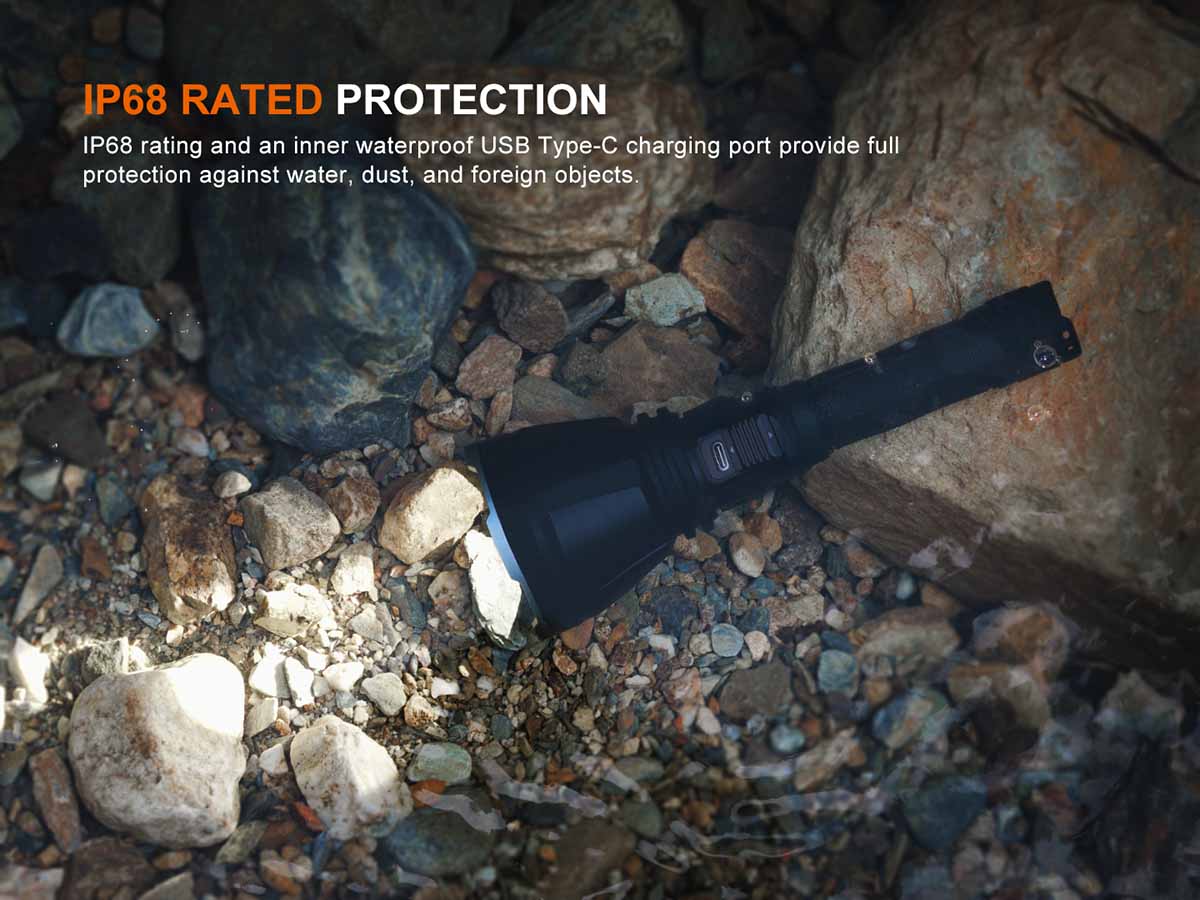 Fenix HT18R V2.0 Long Distance Flashlight  underwater with IP68 rating text overlay