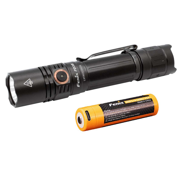 Fenix pd35 version 3 flashlight and battery on a white background
