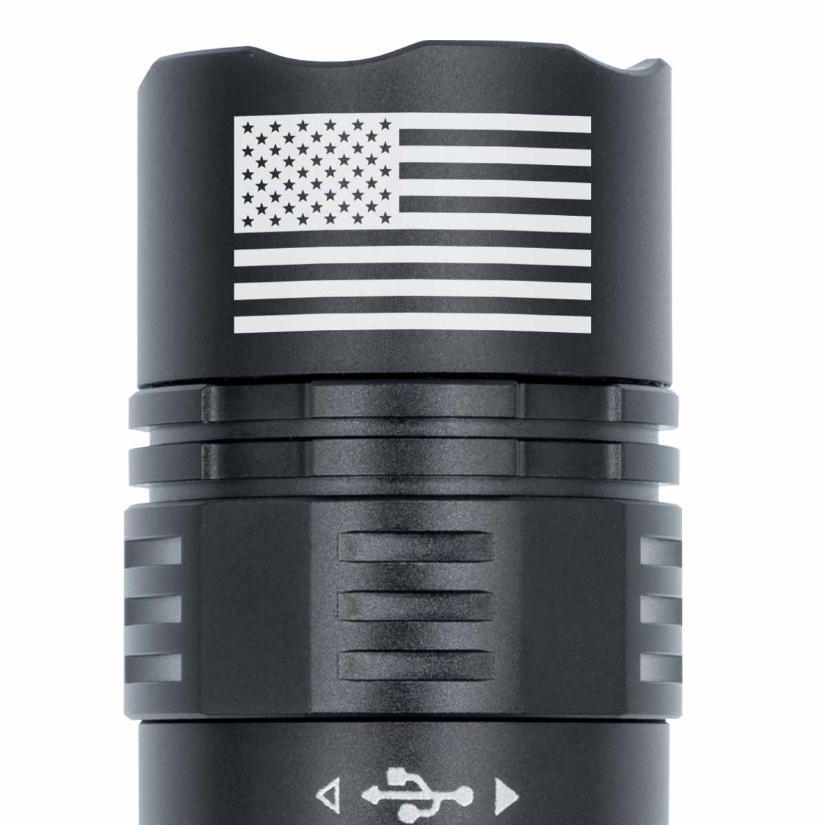 Fenix PD36R ACE Flashlight with American flag design engraved on the head
