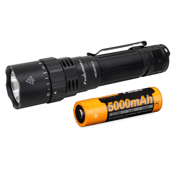 Fenix PD40R V3.0 flashlight with a 5000mAh battery on a white background