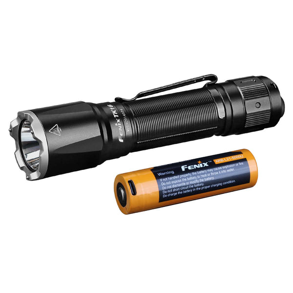 fenix tk17 flashlight with extra battery on a white background