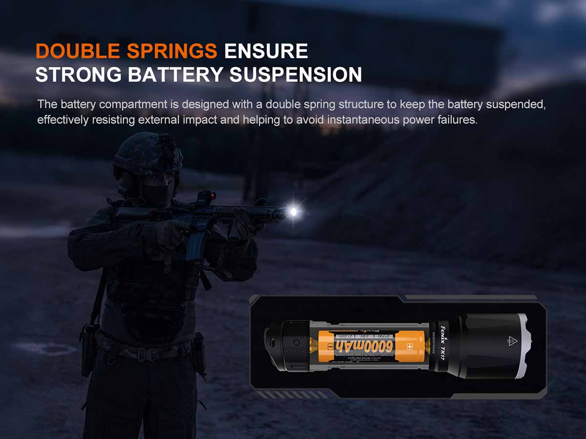 double spring battery suspension fenix tk17 tactical flashlight