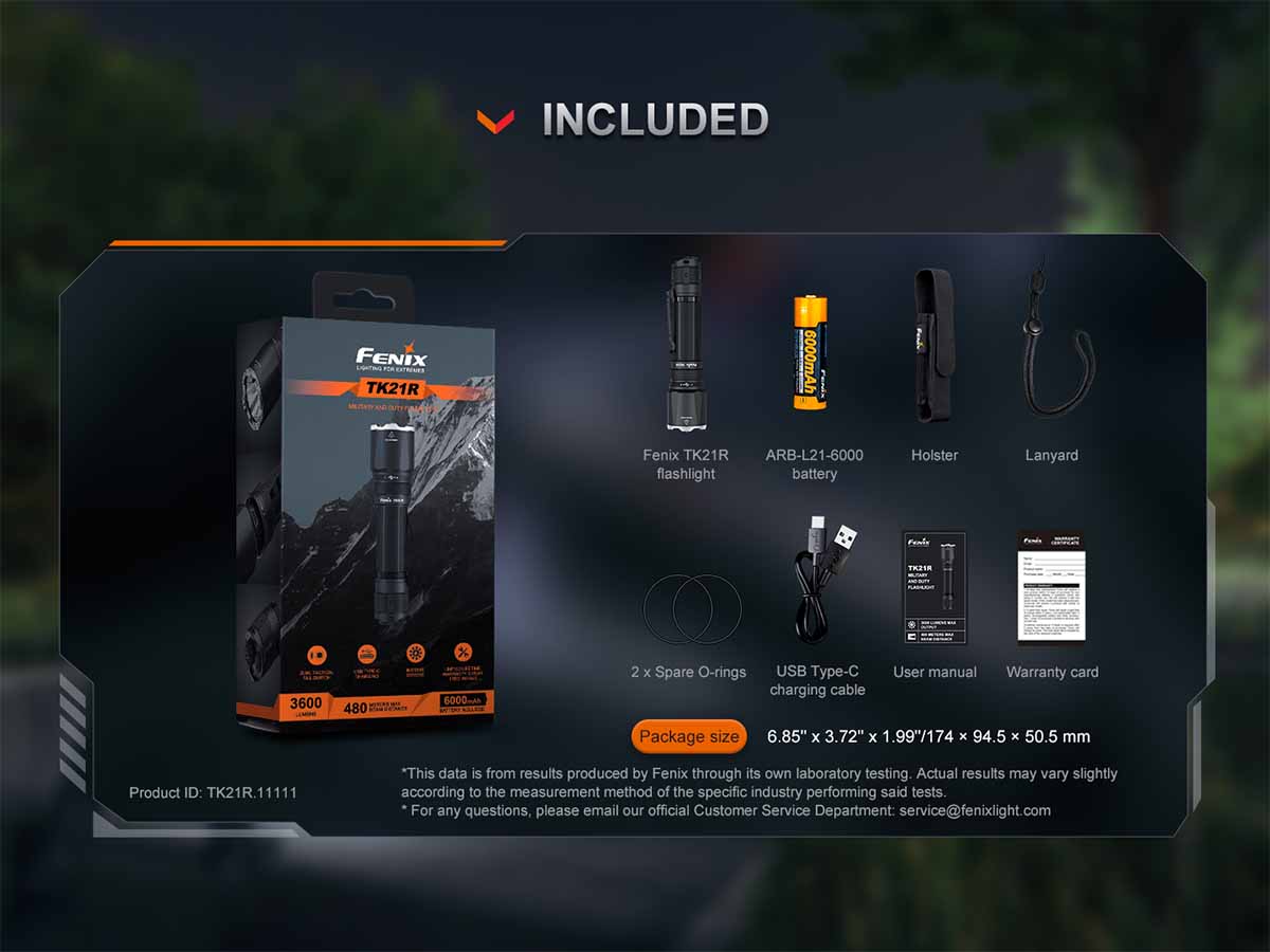 included package fenix tk21r tactical flashlight