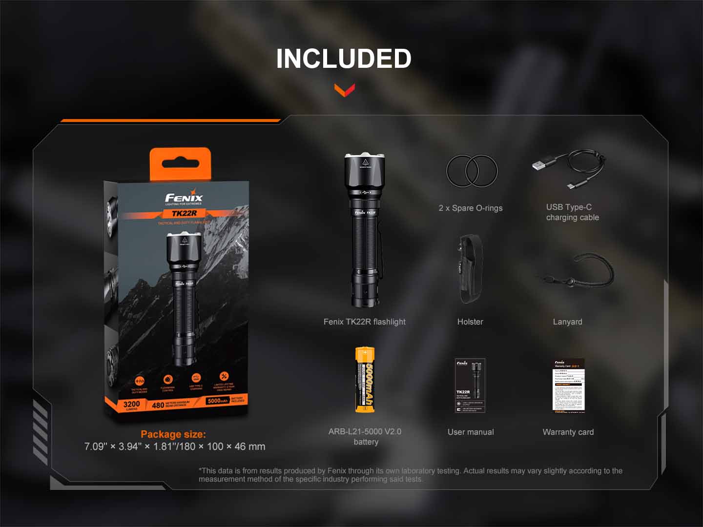 fenix tk22r tactical flashlight included package