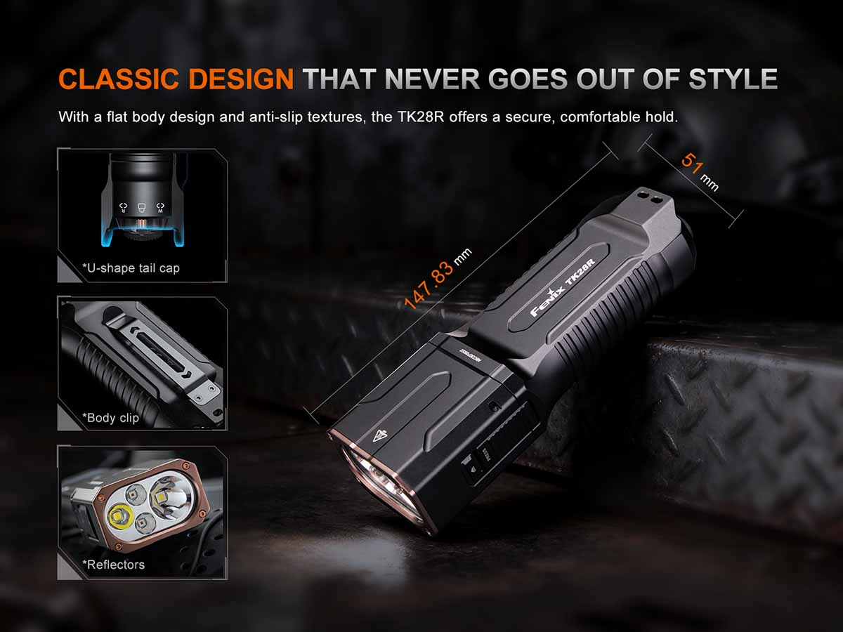 Fenix TK28R Tactical Flashlight classic design and size