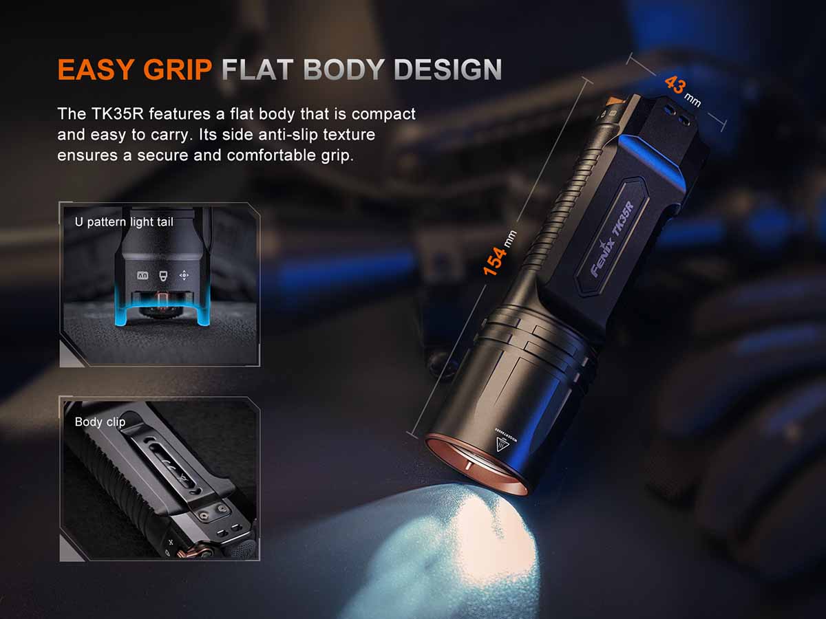 TK35R Flashlight with text on easy grip and flat body design, featuring close-up details.