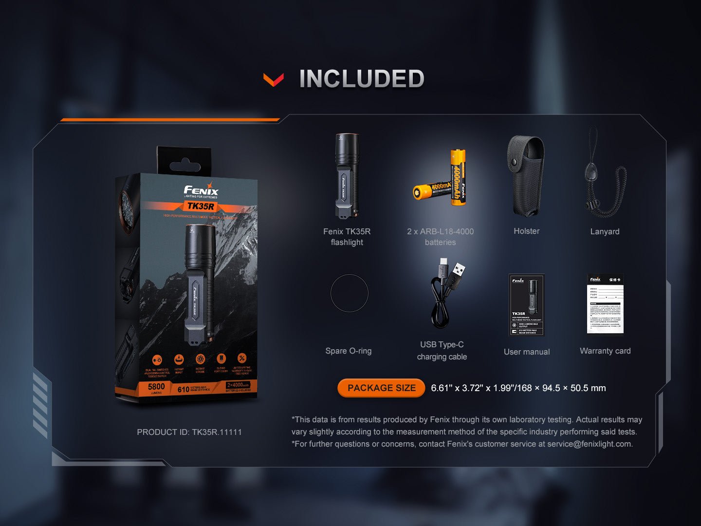 Product packaging with included items displayed on a dark background