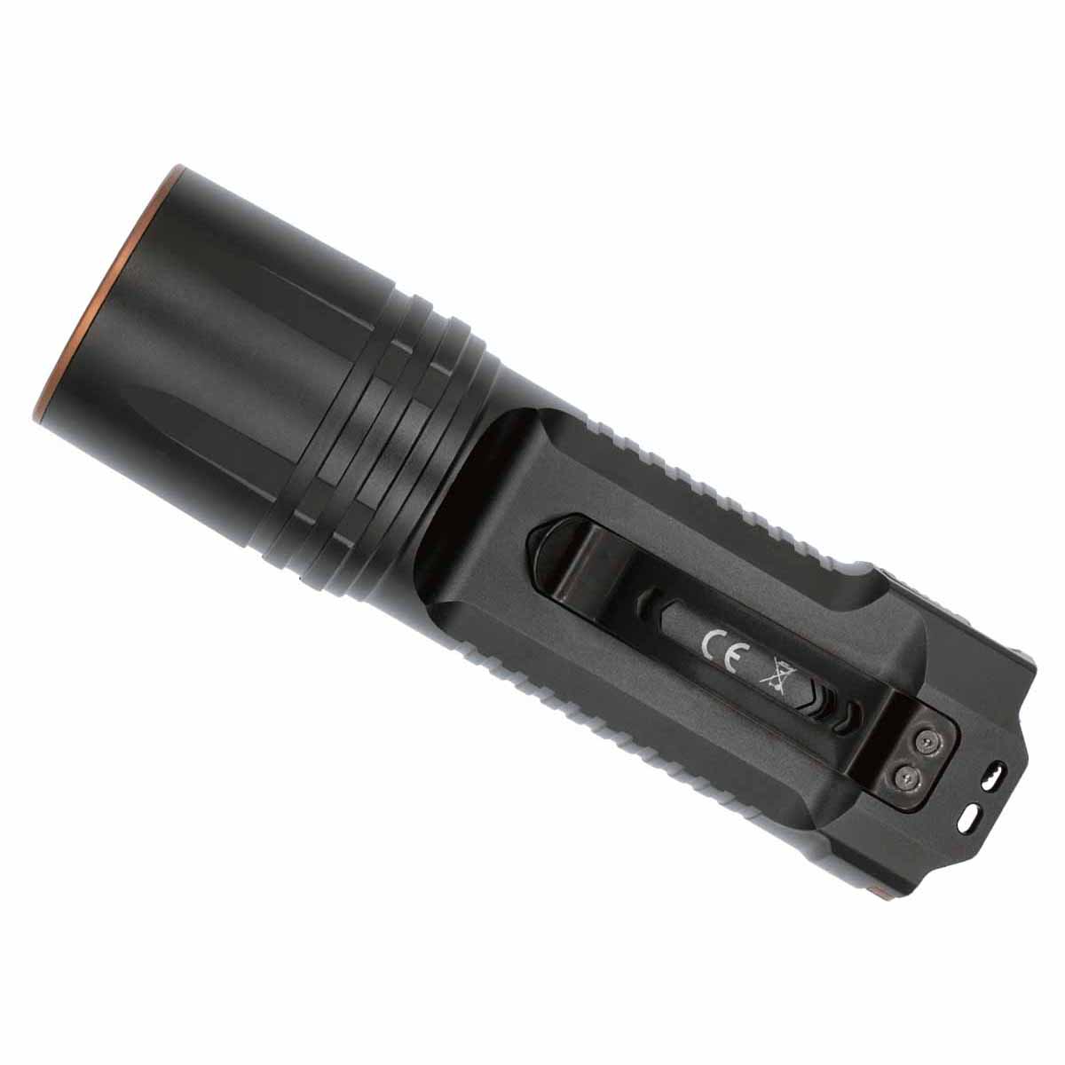 fenix tk35r rechargeable flashlight back side with belt clip