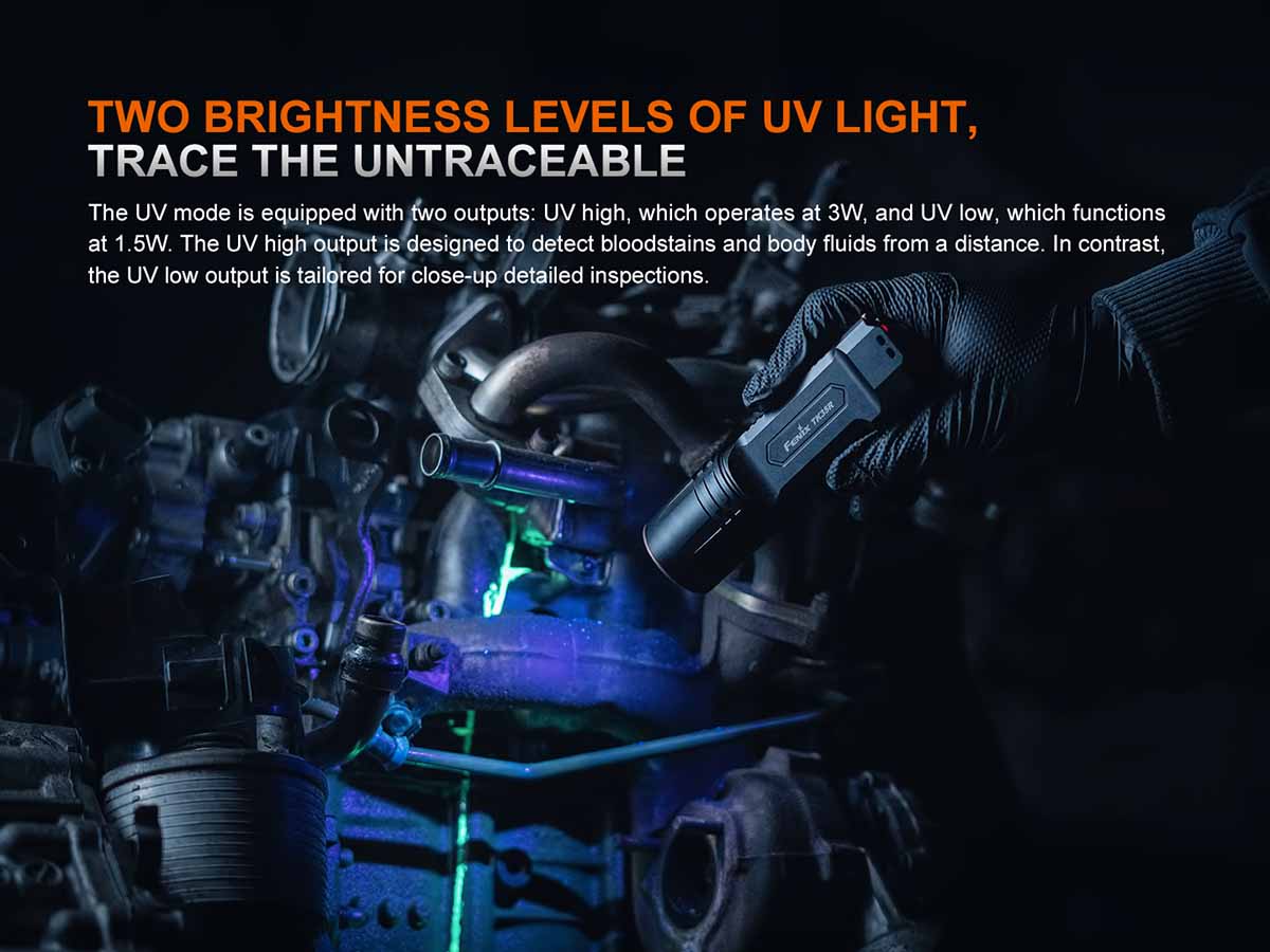 UV light being used on mechanical parts with text about UV light brightness levels.