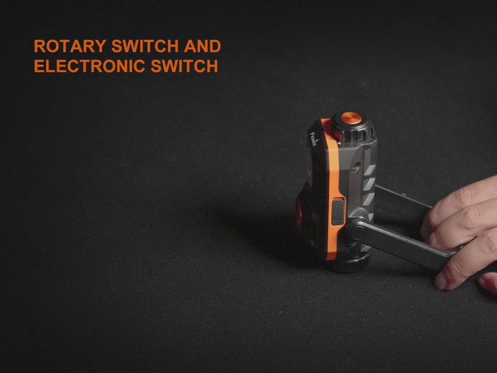 The WT26RM black and orange flashlight operation on a black background showing the different lighting modes