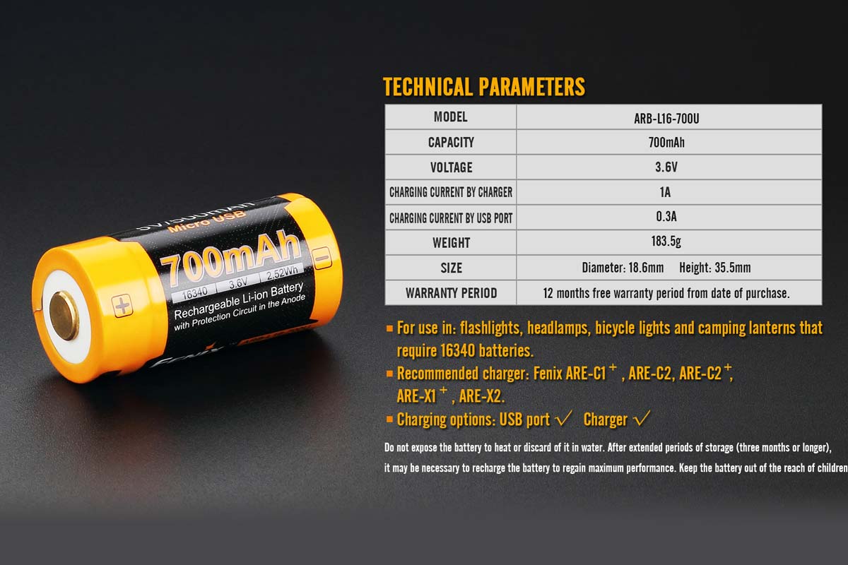 Fenix ARB-L16-700U rechargeable battery specifications
